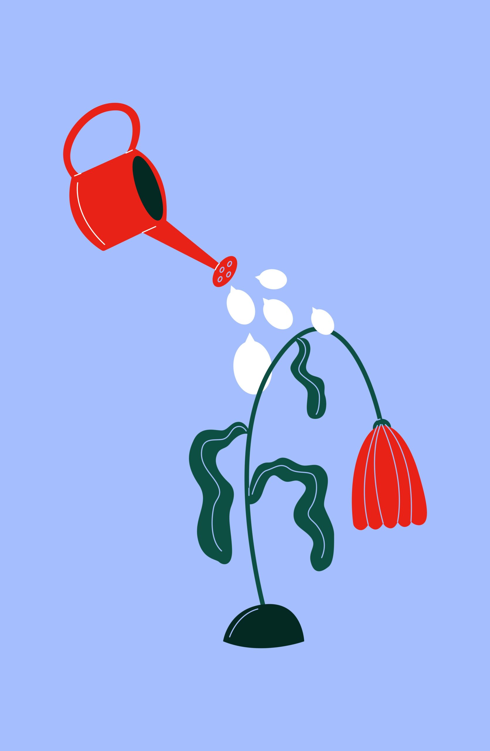 Hand drawn graphic illustration of red watering can rejuvinating a wilted flower.